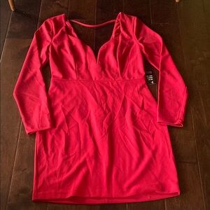 Express Red Bodycon Dress Plunge Neck 3/4 Sleeve